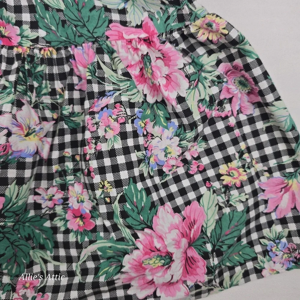 Vintage Girls Dress Sleeveless Tank Pink Black Gingham Flower Floral Cotton Tie